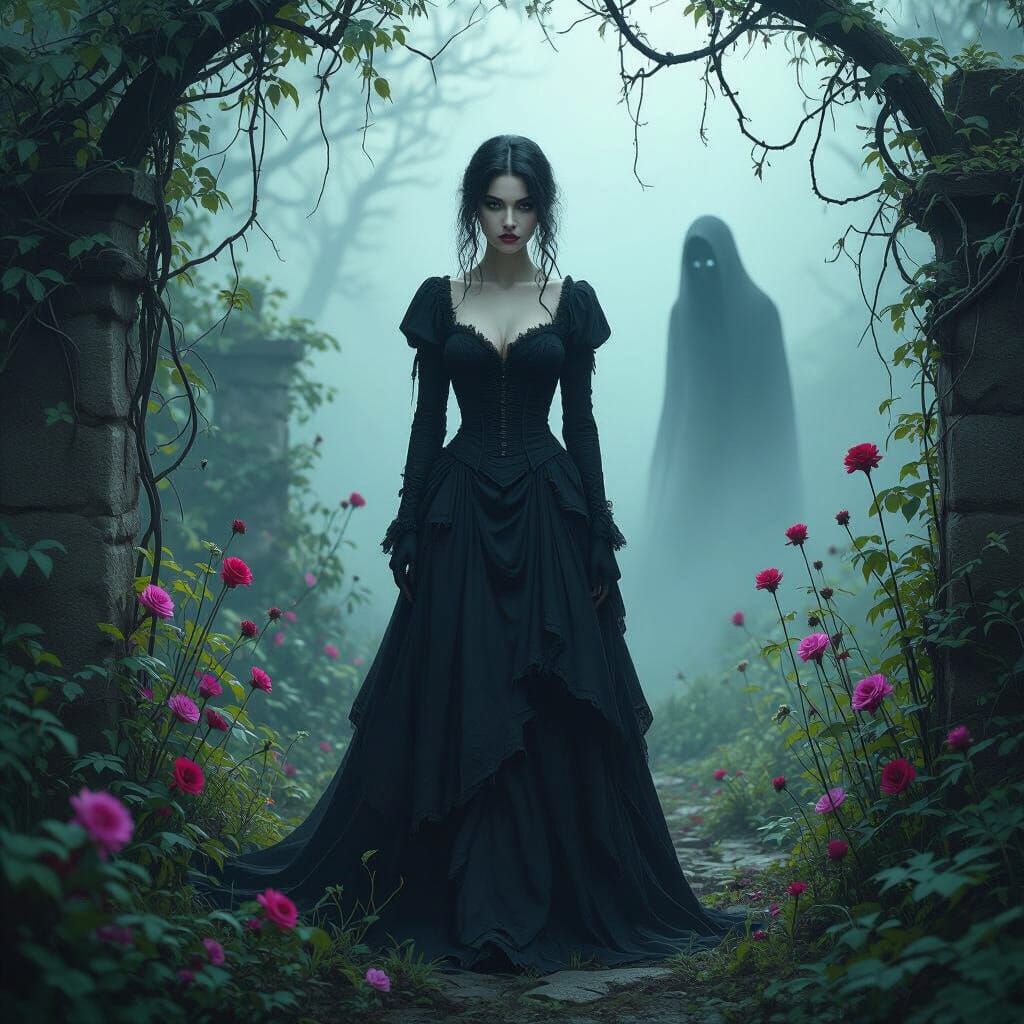 Gothic Woman in Overgrown Garden, Noir Style