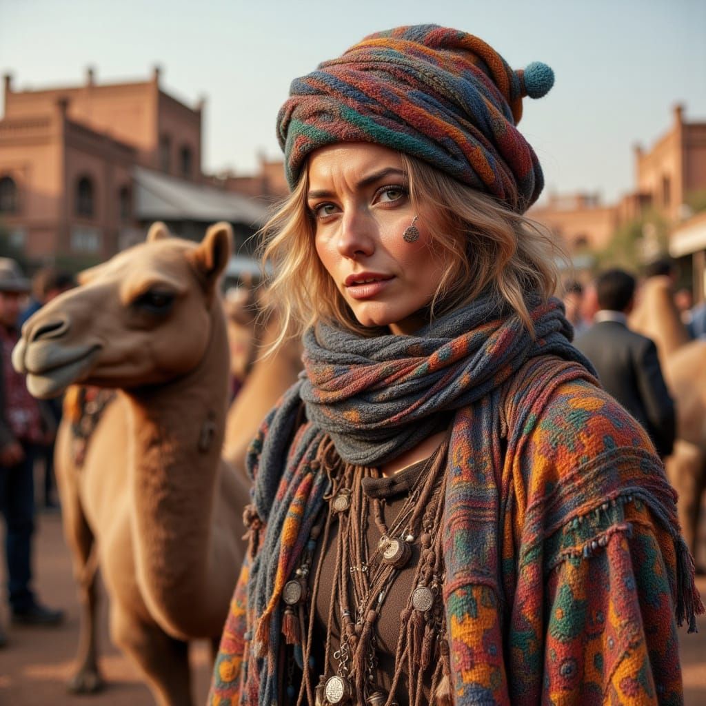 German Girl Camel Vendor in Vibrant Marrakesh Market