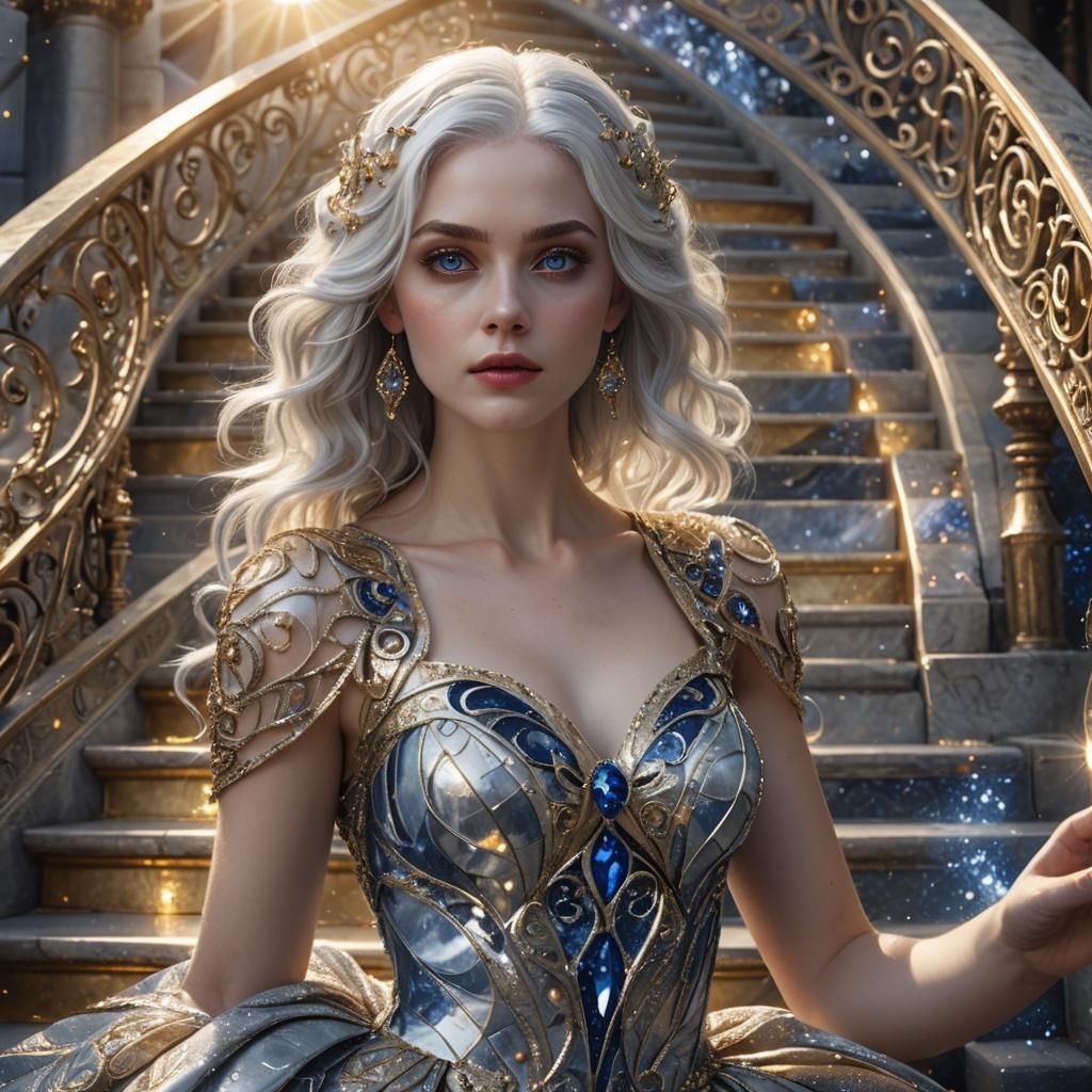 Silver-Haired Woman Descending Marble Stairs