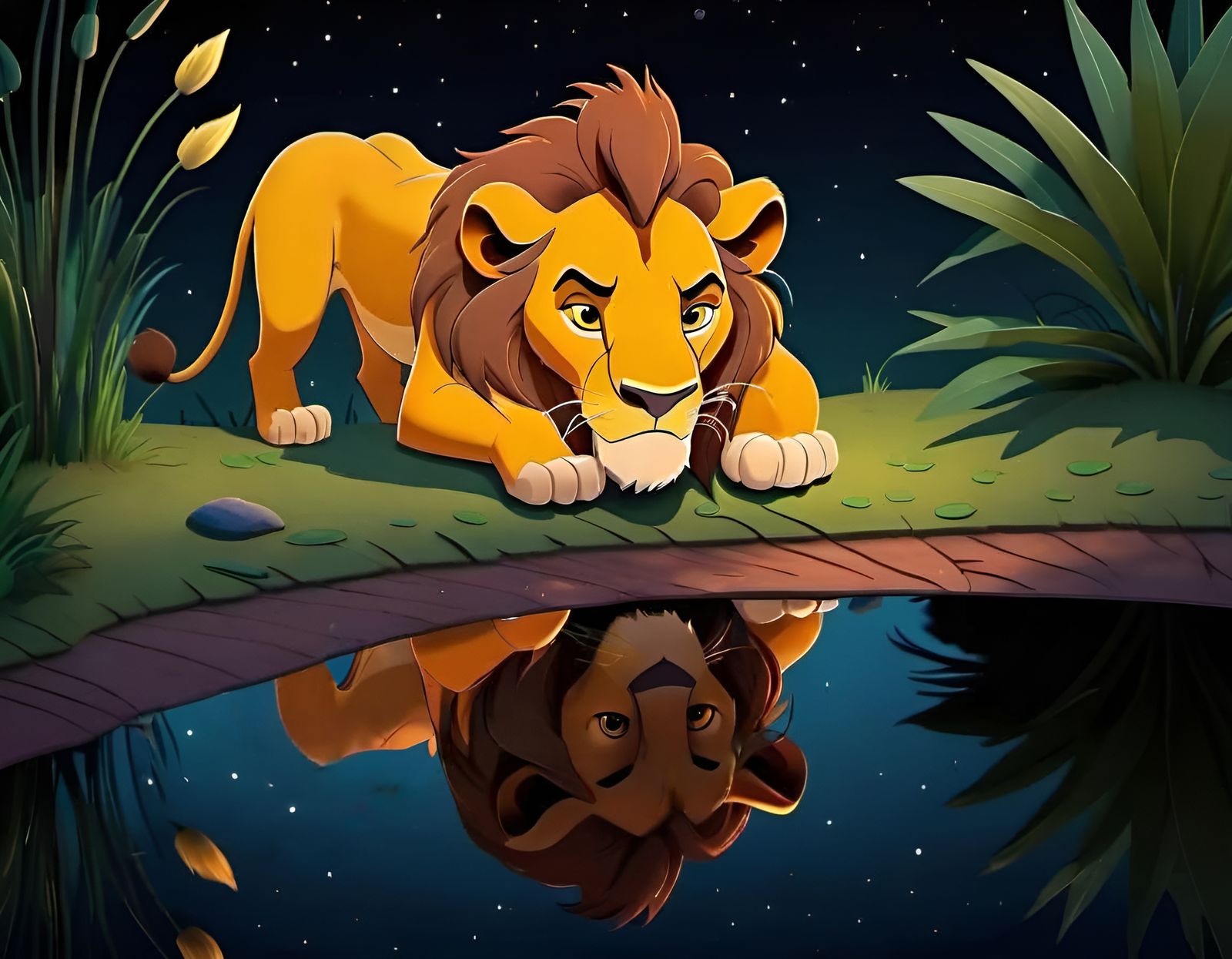 Simba Reflecting: Lion King Cartoon Scene
