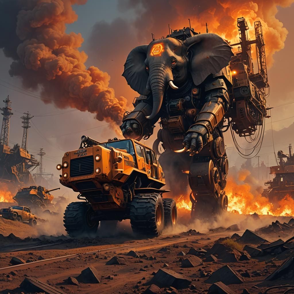 Elephant-JCB Hybrid Machine Charges Across Smoldering Battle...