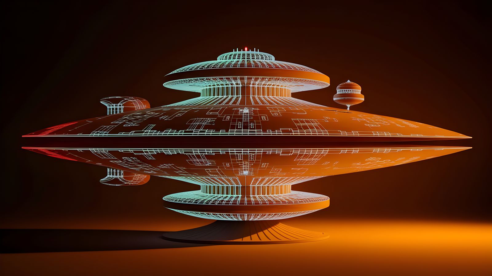 Alien Spaceship Schematic: Neon Technical Drawing