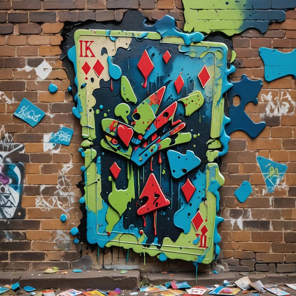 Vibrant Street Art: Torn Card Amidst Graffiti