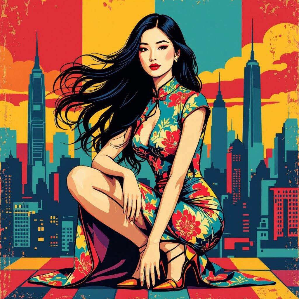 Chinese Woman in Retro Pop Art Cityscape
