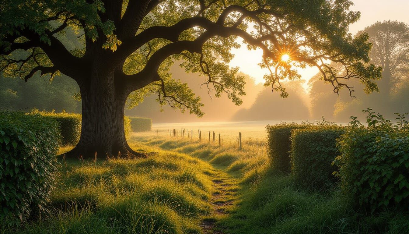 Tranquil Daybreak in English Woodland Clearing