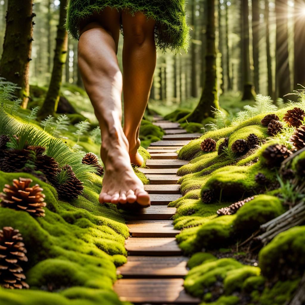 Bare Feet on Sensorial Forest Path in Extreme Detail