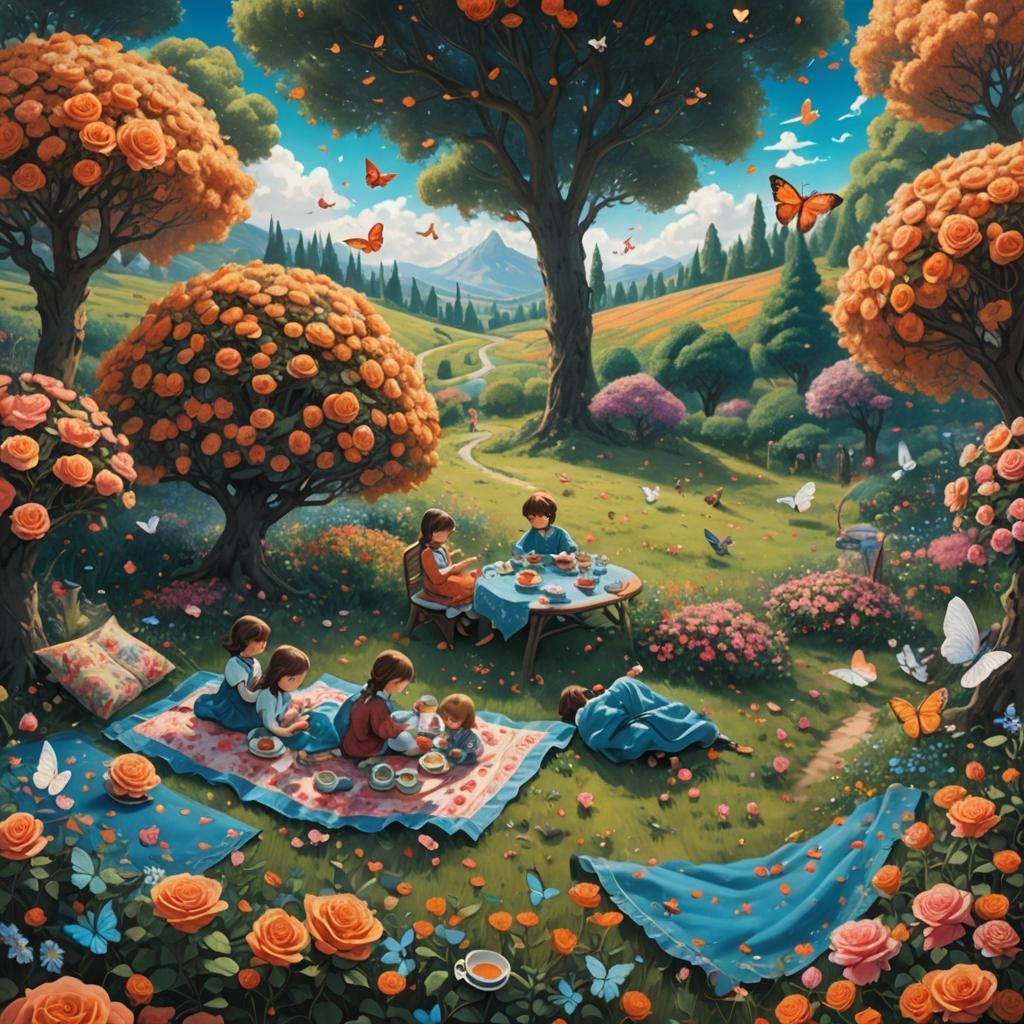 Rose Field Tea Party: Whimsical Fantasy Landscape