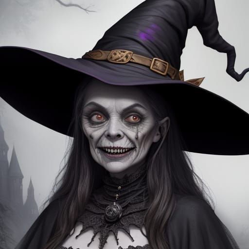 Whimsical Scary Witch with Smirk and Rotten Teeth, Detailed ...