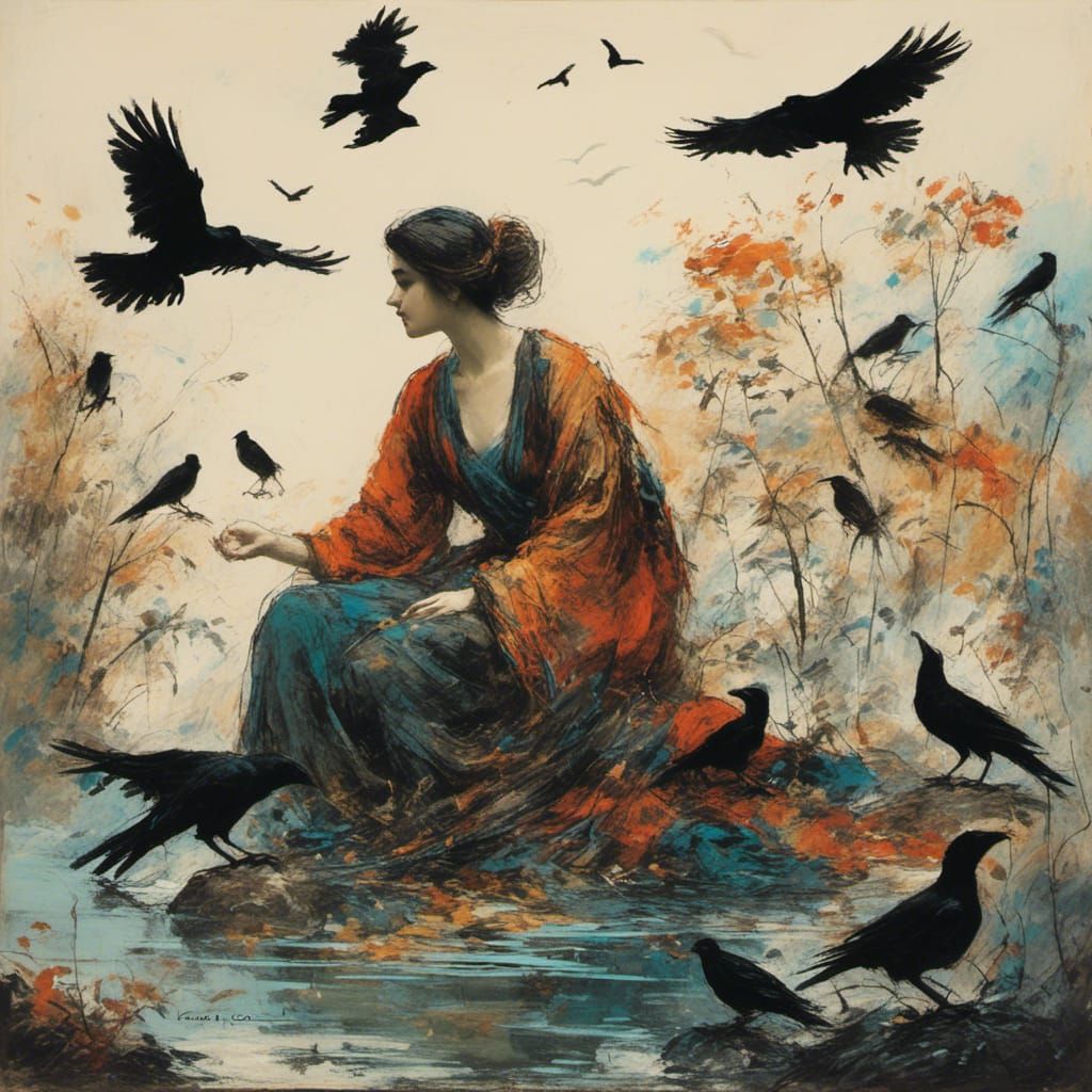 Woman Bathing with Crows in Colorful Robe