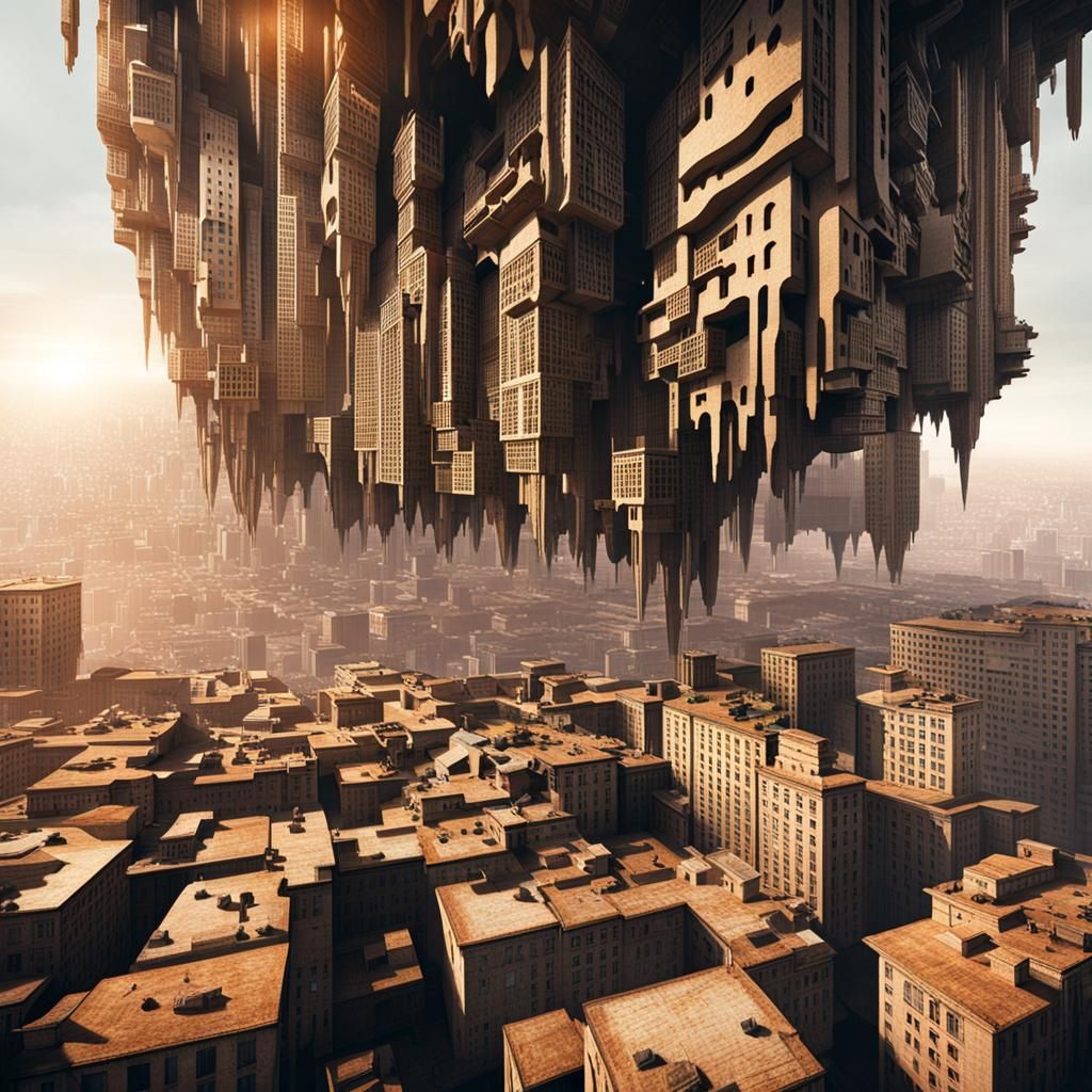 Surreal Upside-Down Cityscape with Hanging Buildings