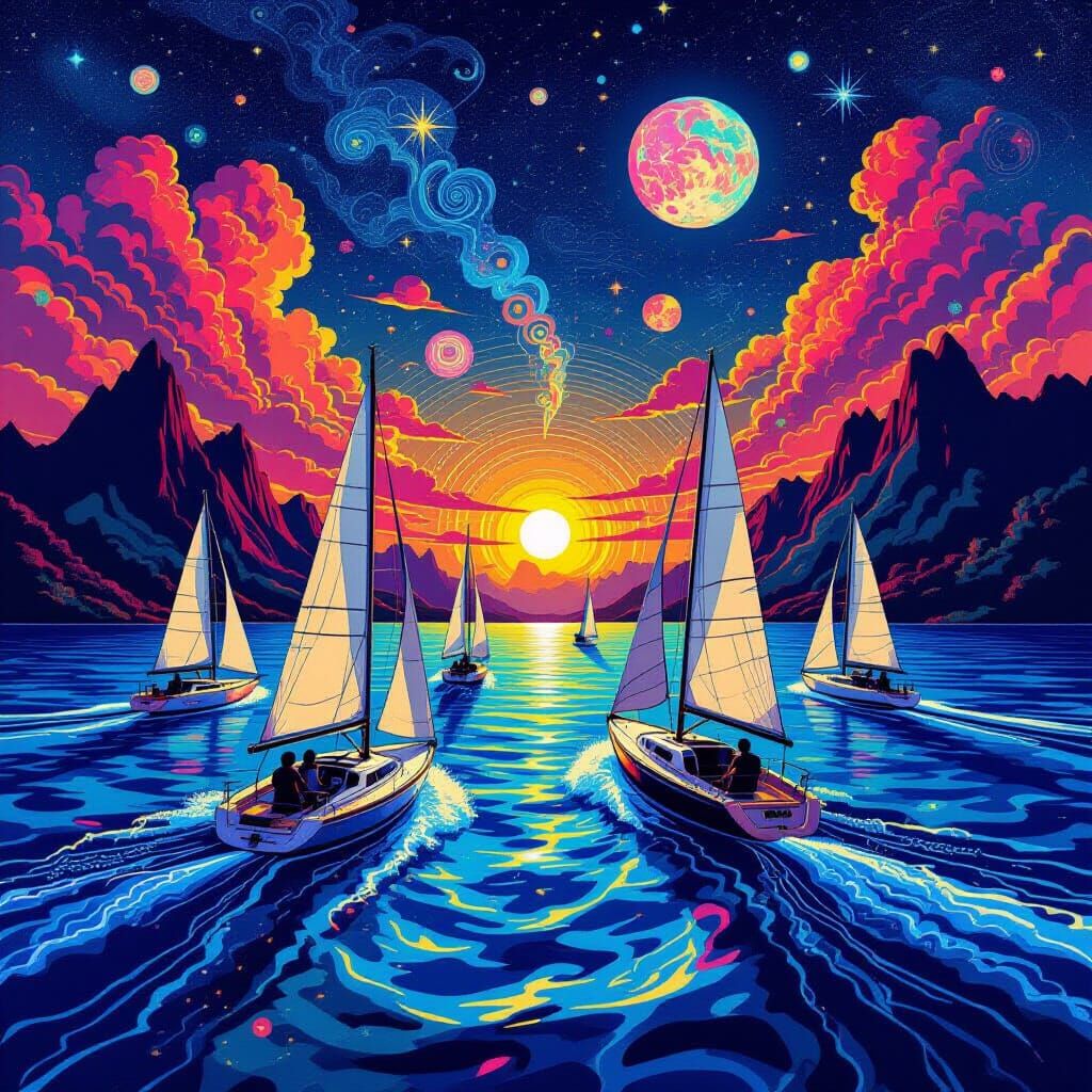 Sailboat Race in Surreal Polynesian Archipelago, Mixed Media