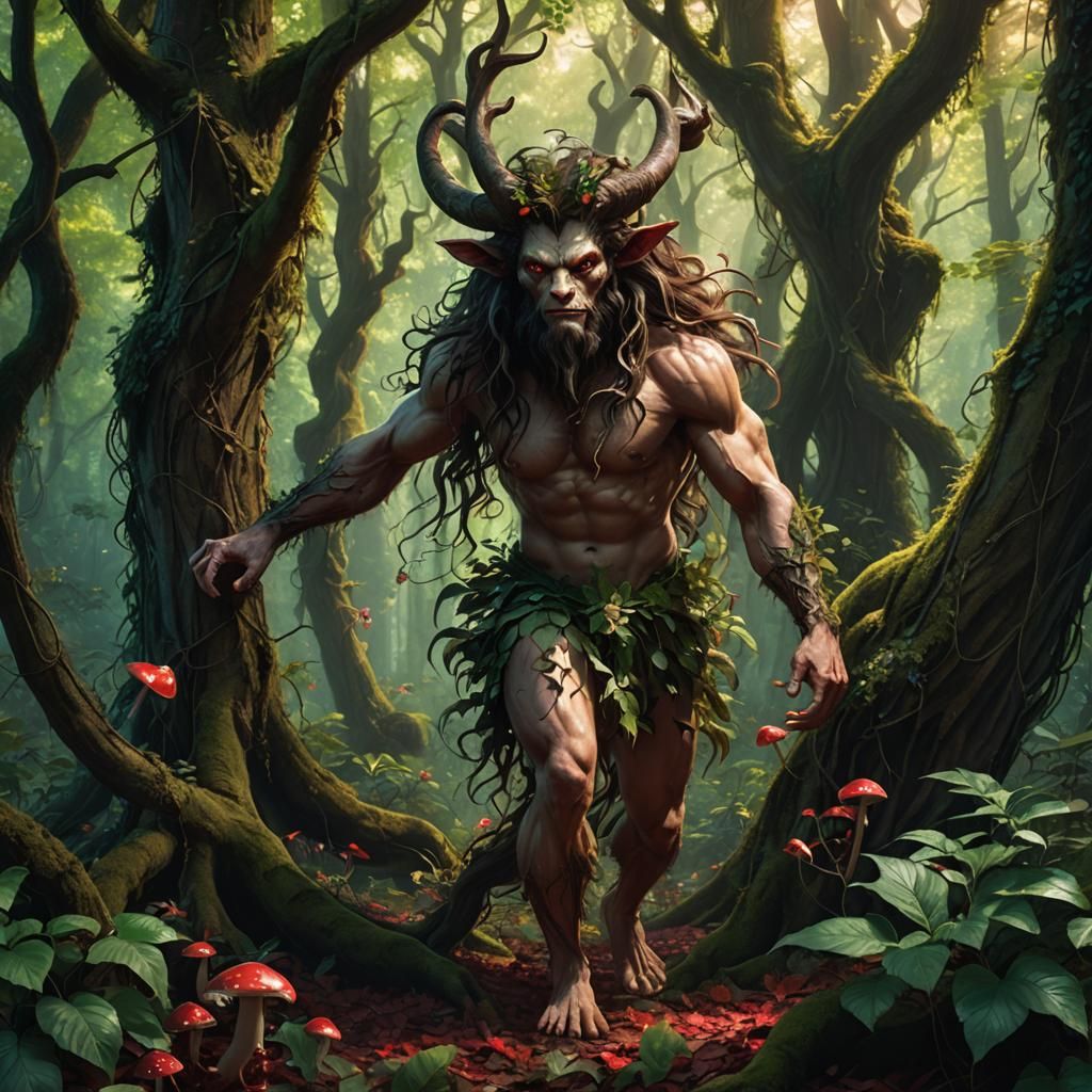 Sinister Satyr Unveiled in Enchanted Forest Scene