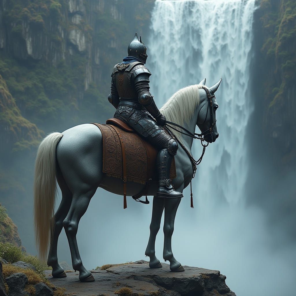 Majestic Knight Beside a Mystical Waterfall in Epic Fantasy...