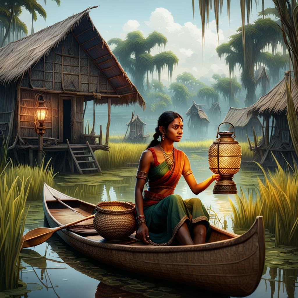 Indian Girl on Canoe with Lamp, Fantasy Art