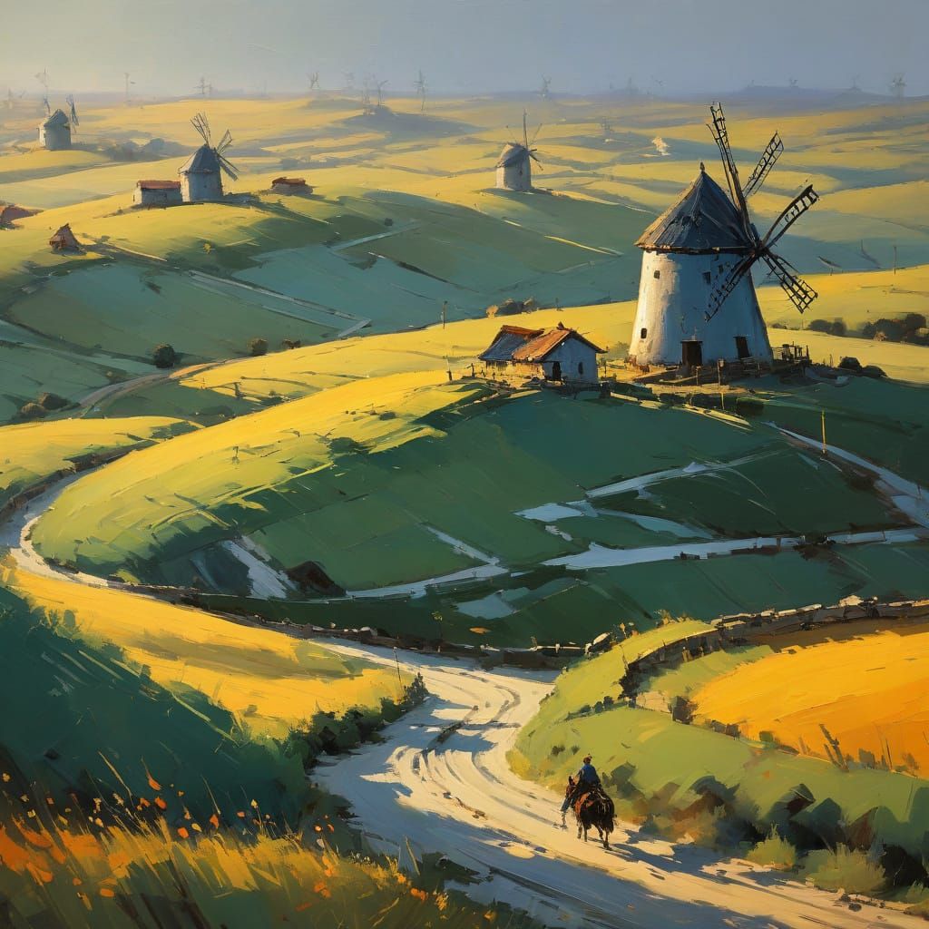 Don Quixote Charges Windmills in Golden Hour