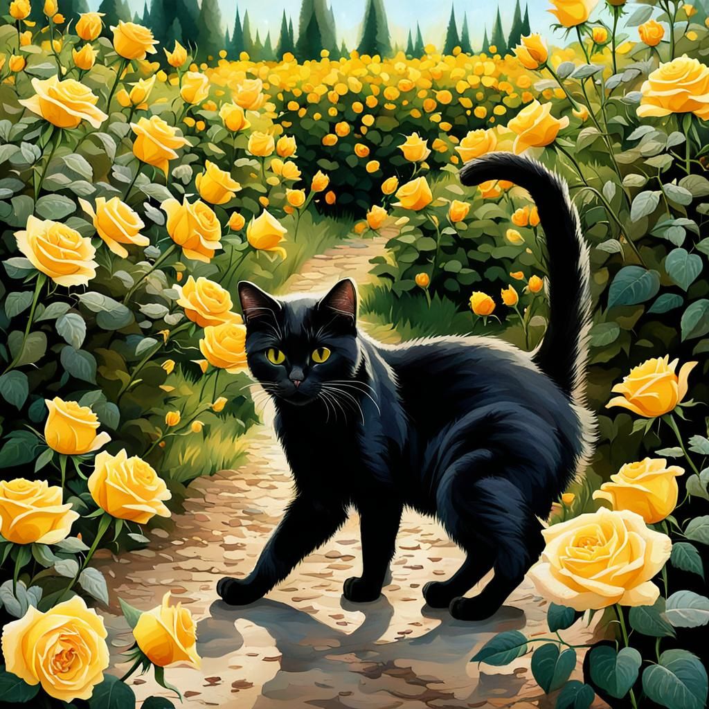 Black Cat in Yellow Rose Garden