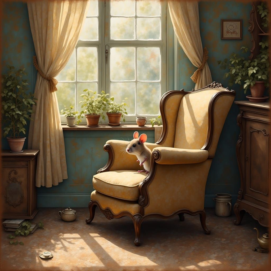 Field Mouse Peeking From Vintage Armchair in Cozy Room