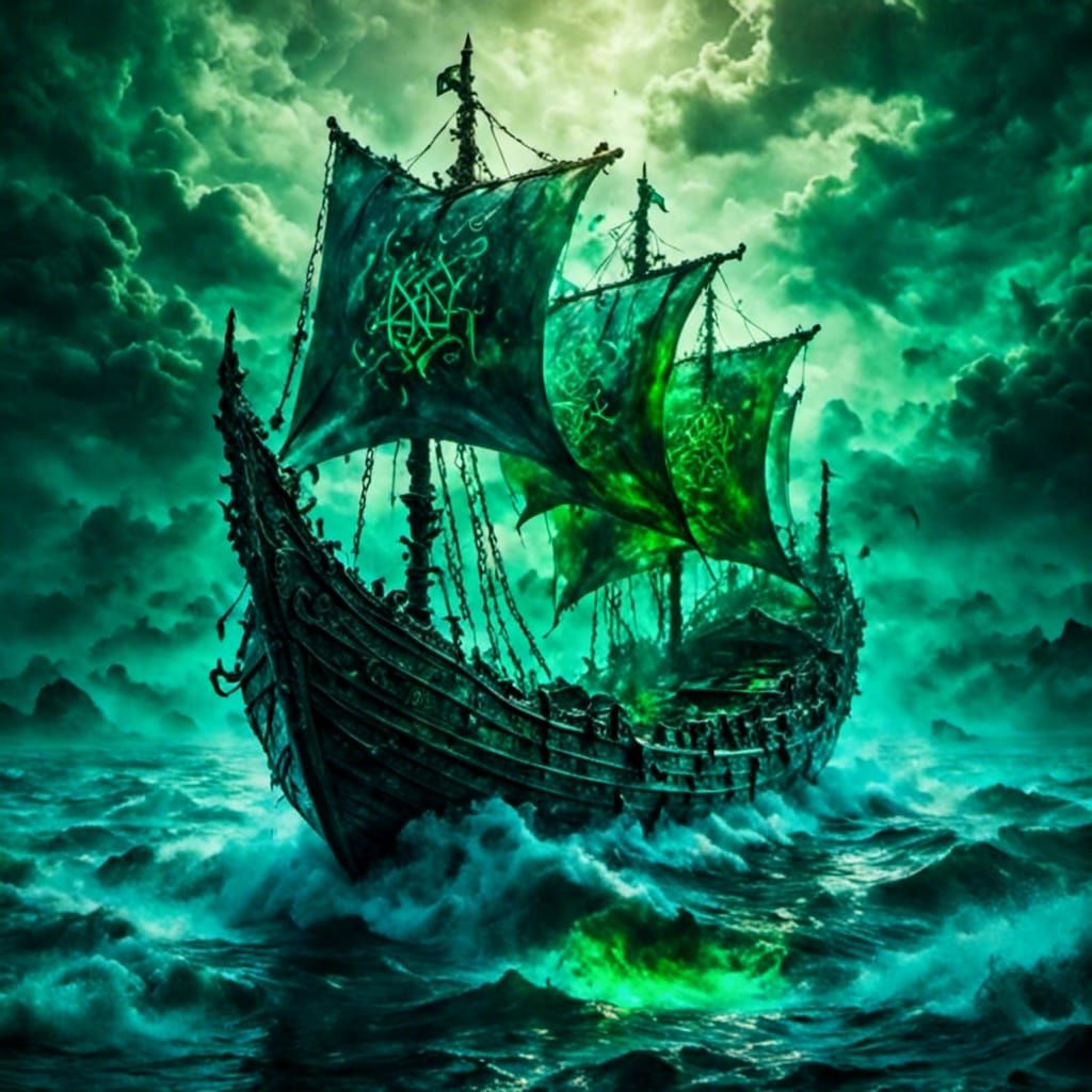 Viking Boat with Glowing Runes in Mnemcore Style