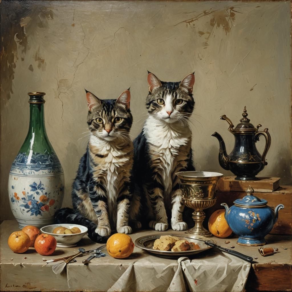 Ornate Still Life with Cat in Impasto Style