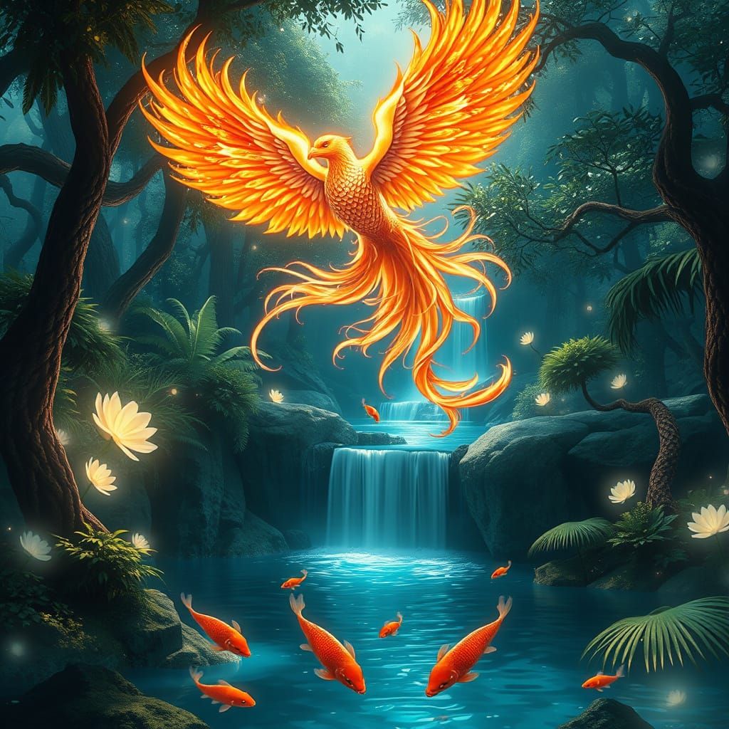 Ethereal Phoenix Soars Above Bioluminescent Waterfall in Whi...