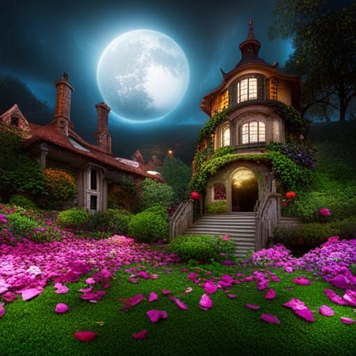 Magical Flower Garden with Witch House: Digital Matte Painti...