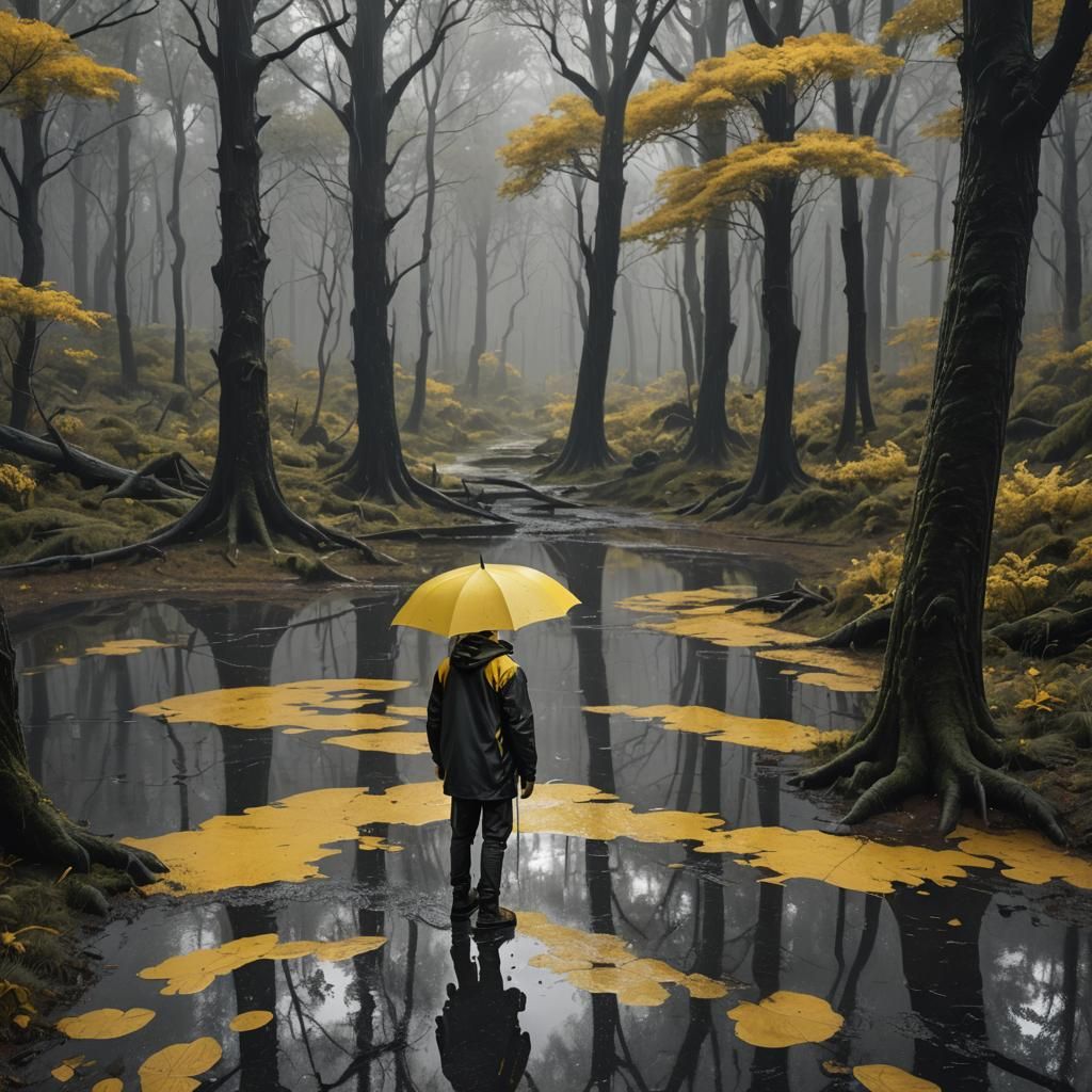 Man with Yellow Umbrella in Forest: Matte Painting