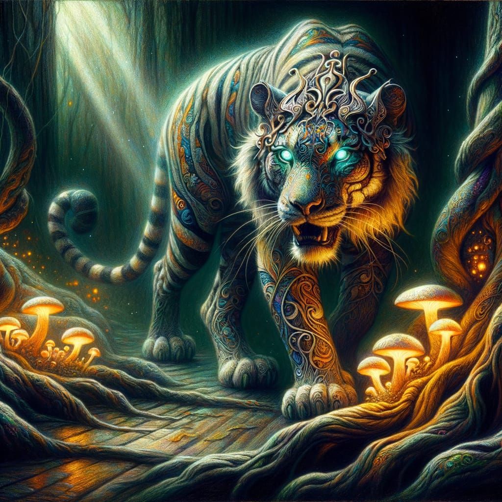 Art Nouveau Tigress in Mystical Foggy Forest