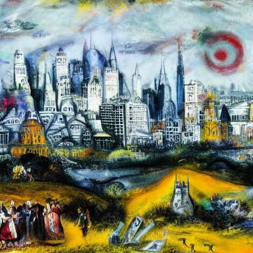 Vampire City Skyline in Gainsborough and Chagall Style