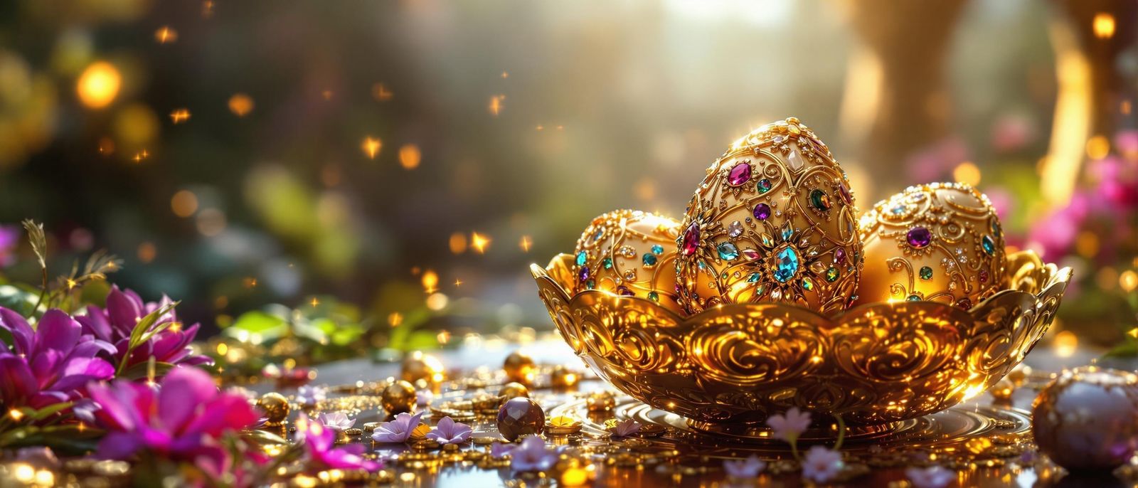 Elegant, Jeweled Eggs Adorn a Golden Vase in a Vibrant, Cine...