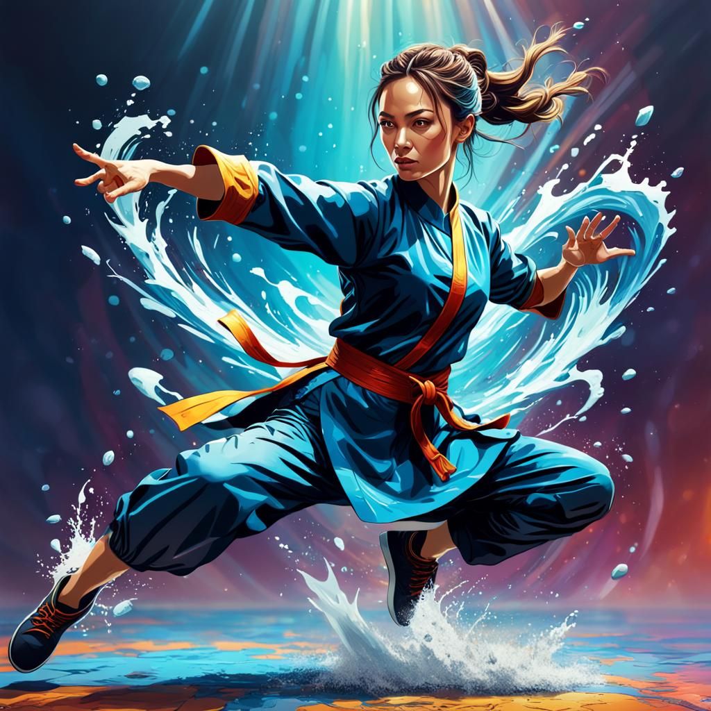 beautiful woman doing flying kung fu
