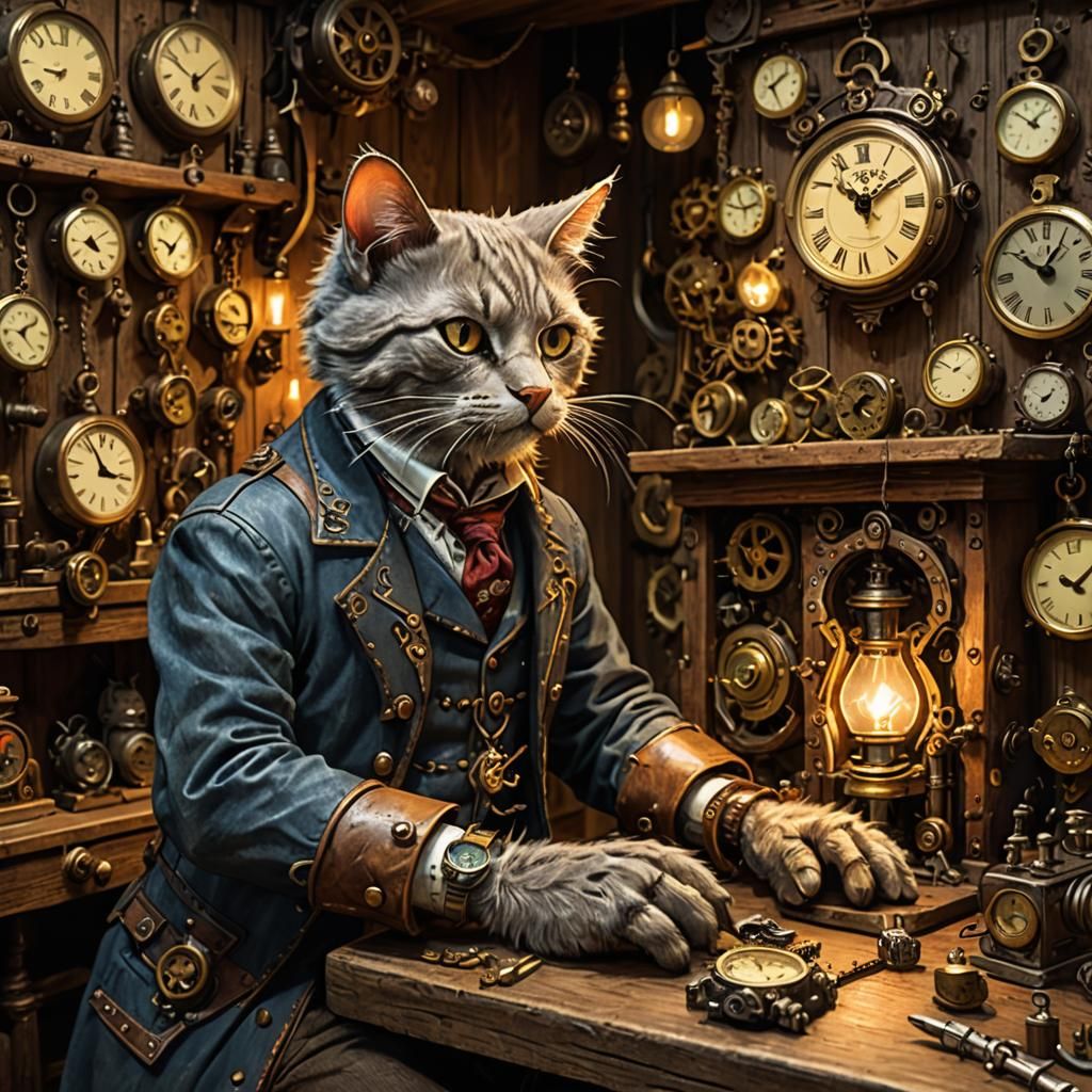 Steampunk Cat Repairing a Watch by Candlelight