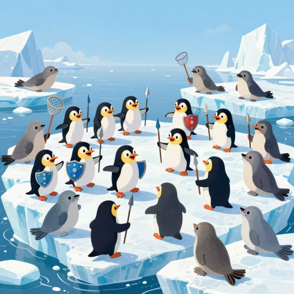 Adorable Baby Penguins and Seals Battle on Iceberg in Whimsi...