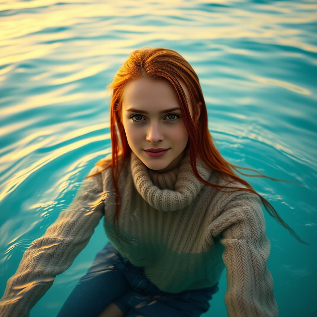 Woman in Turquoise Sea, Photorealistic Style