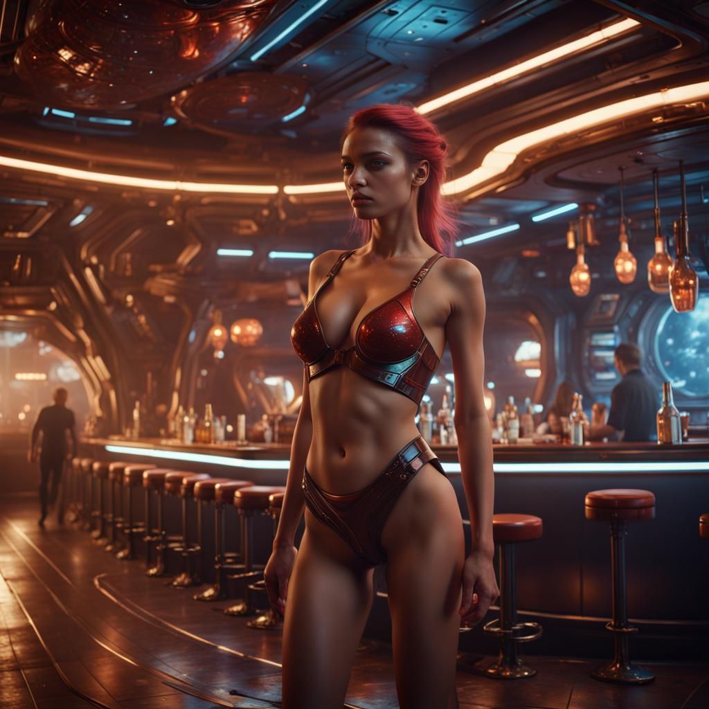 Stunning Model in Spaceship Bar: Fantasy Concept Art