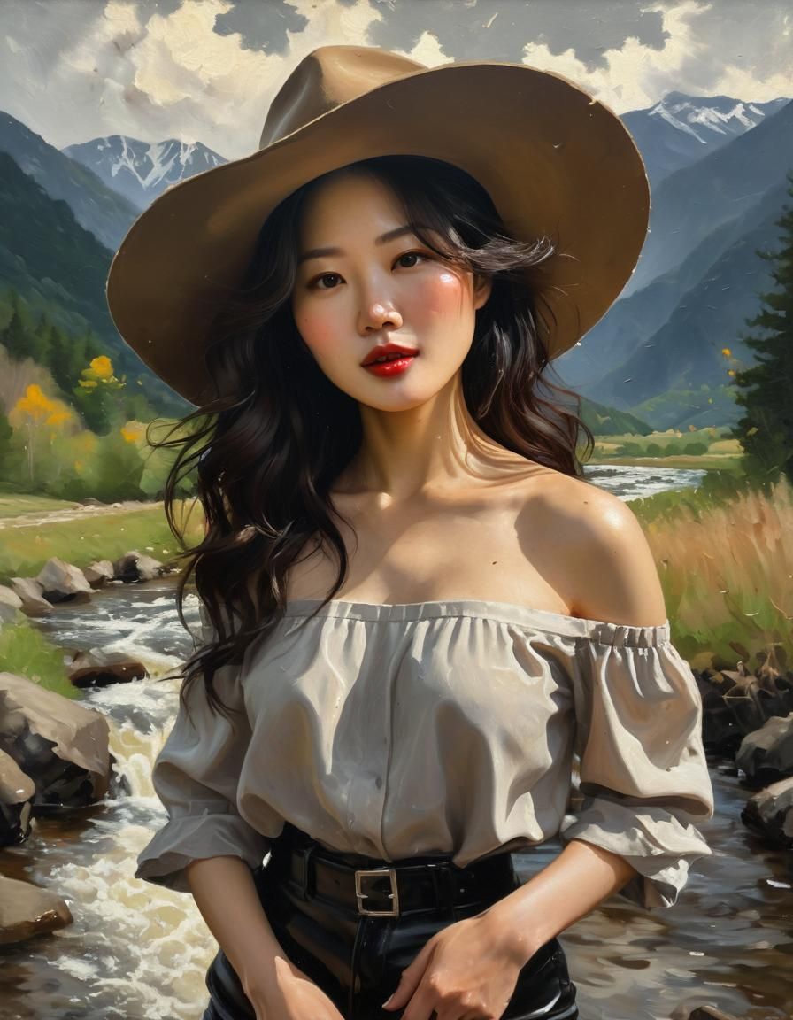 Romantic Chiaroscuro Oil Painting of Korean Woman