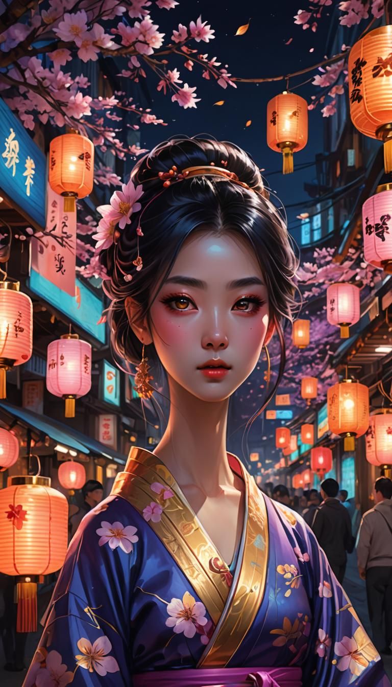 Girl in Kimono at Night Market, Fantasy Art