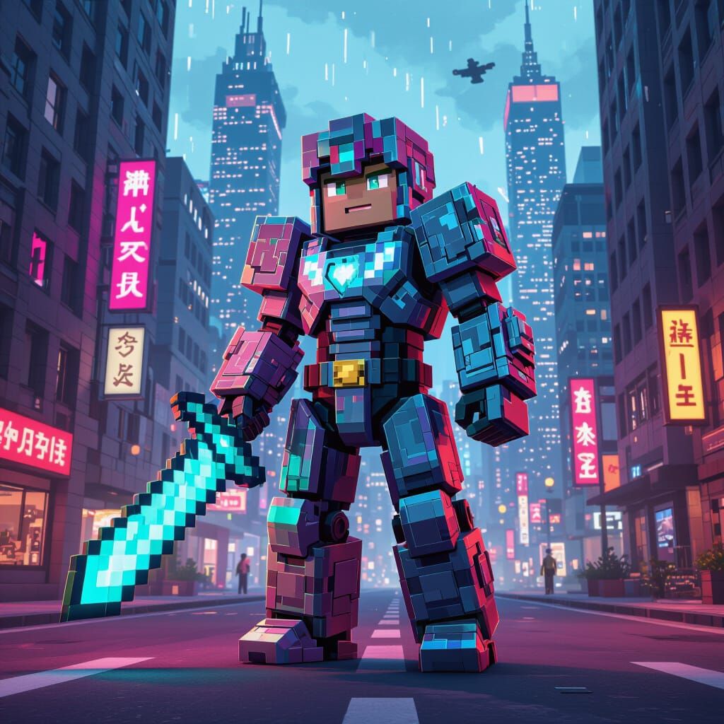 Minecraft Character in Cityscape, Futuristic Digital Art