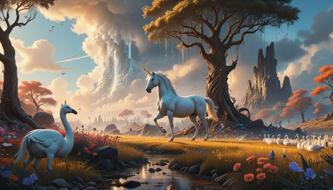 Whimsical Unicorn and Swans in a Magical Landscape