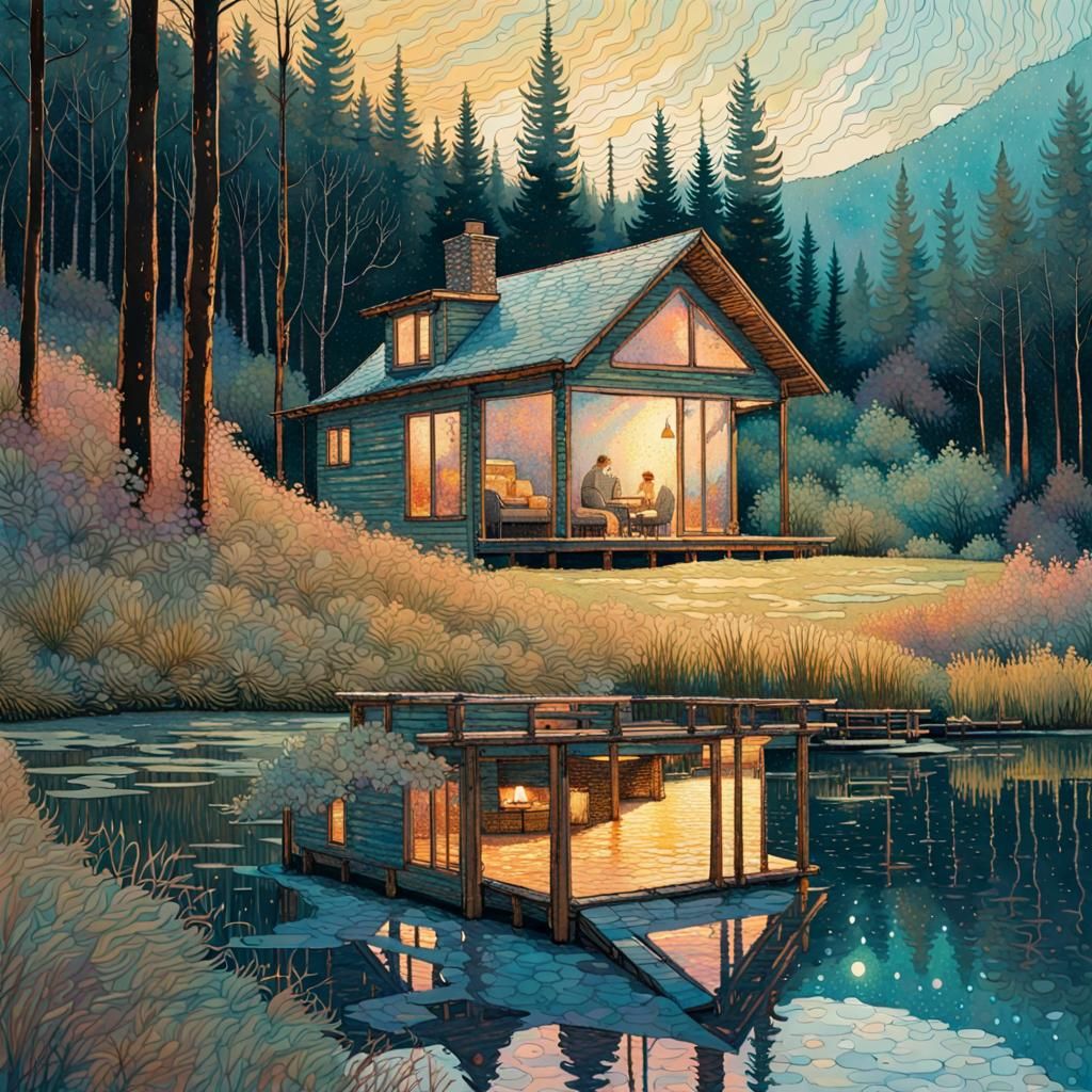 Cabin Retreat in Watercolor and Iridescent Inks