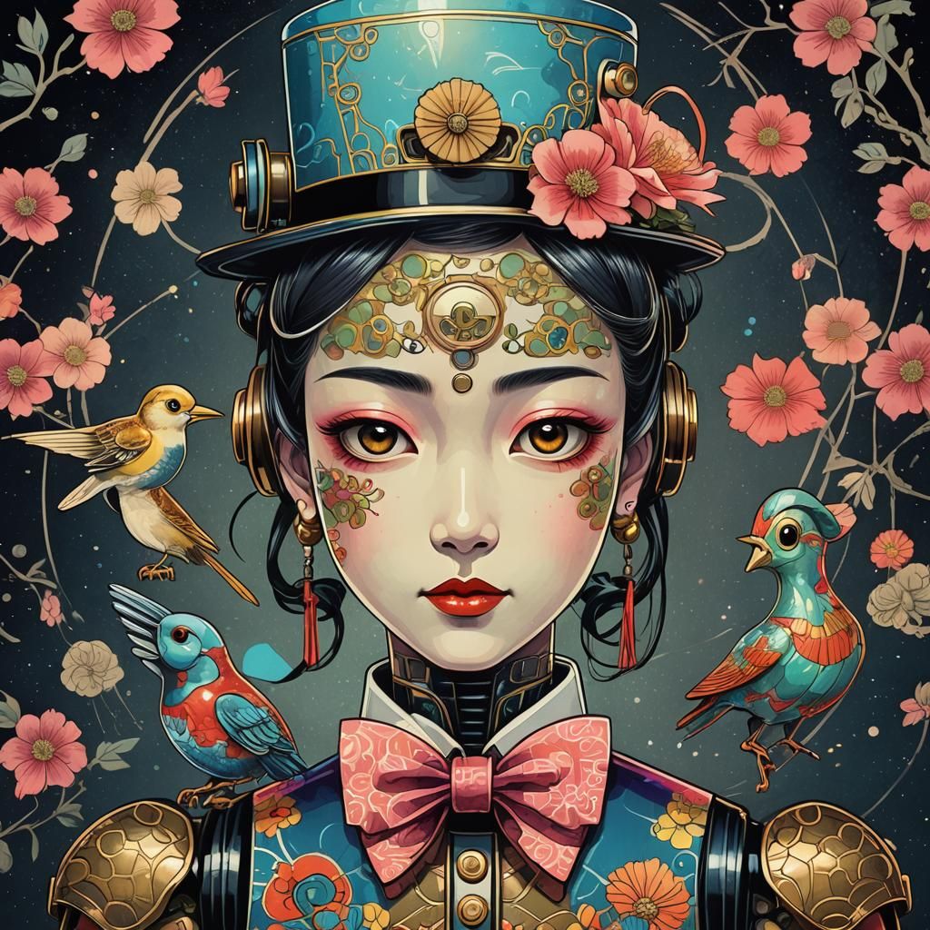 Cute 1950s Robot in Ukiyo-e Art Nouveau Style