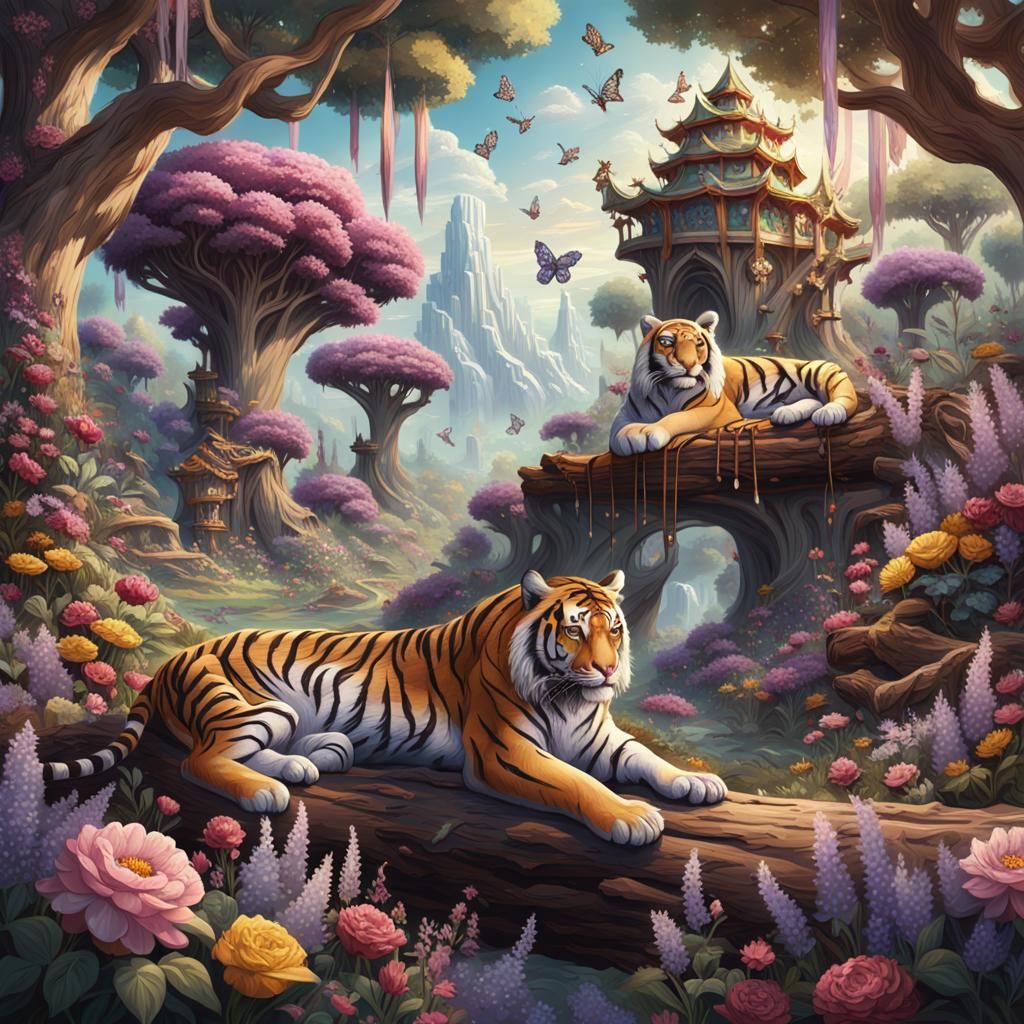 Regal Tiger and Fairies in Whimsical Forest
