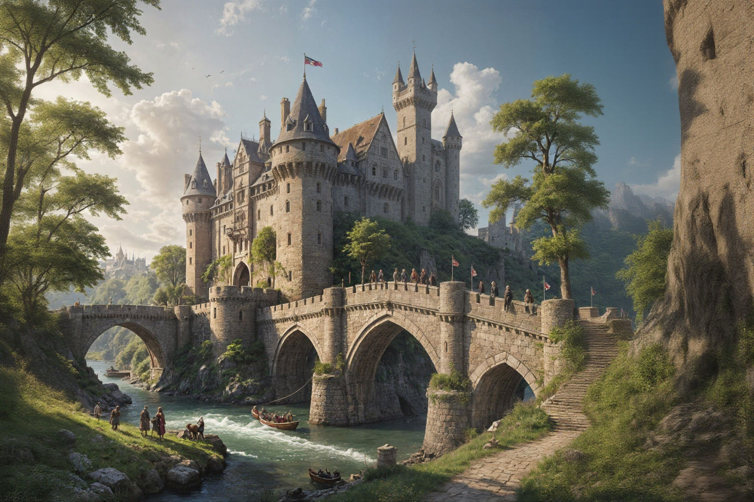 Medieval Castle Scene with Bustling Bridge