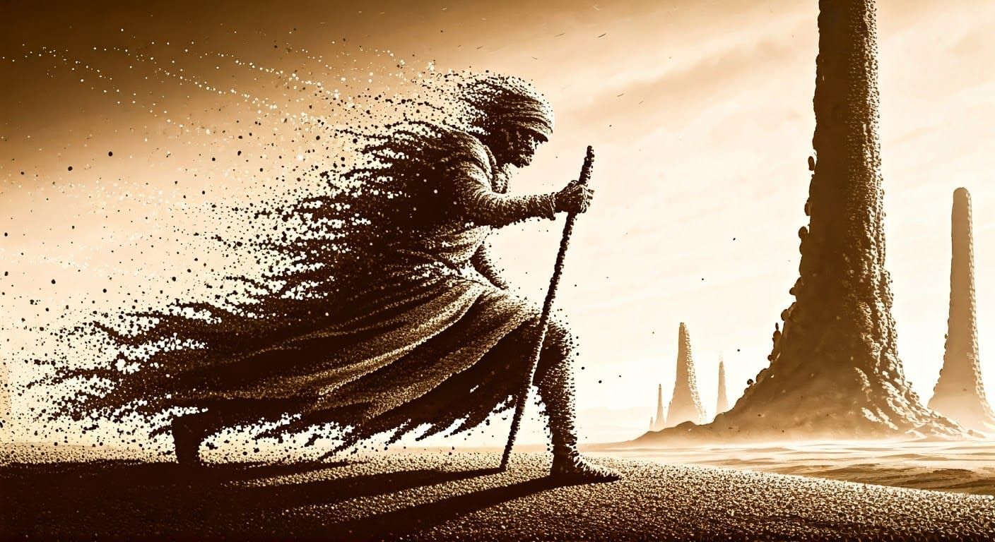 Surreal Pointillist Scene of Human Disappearing into a Storm