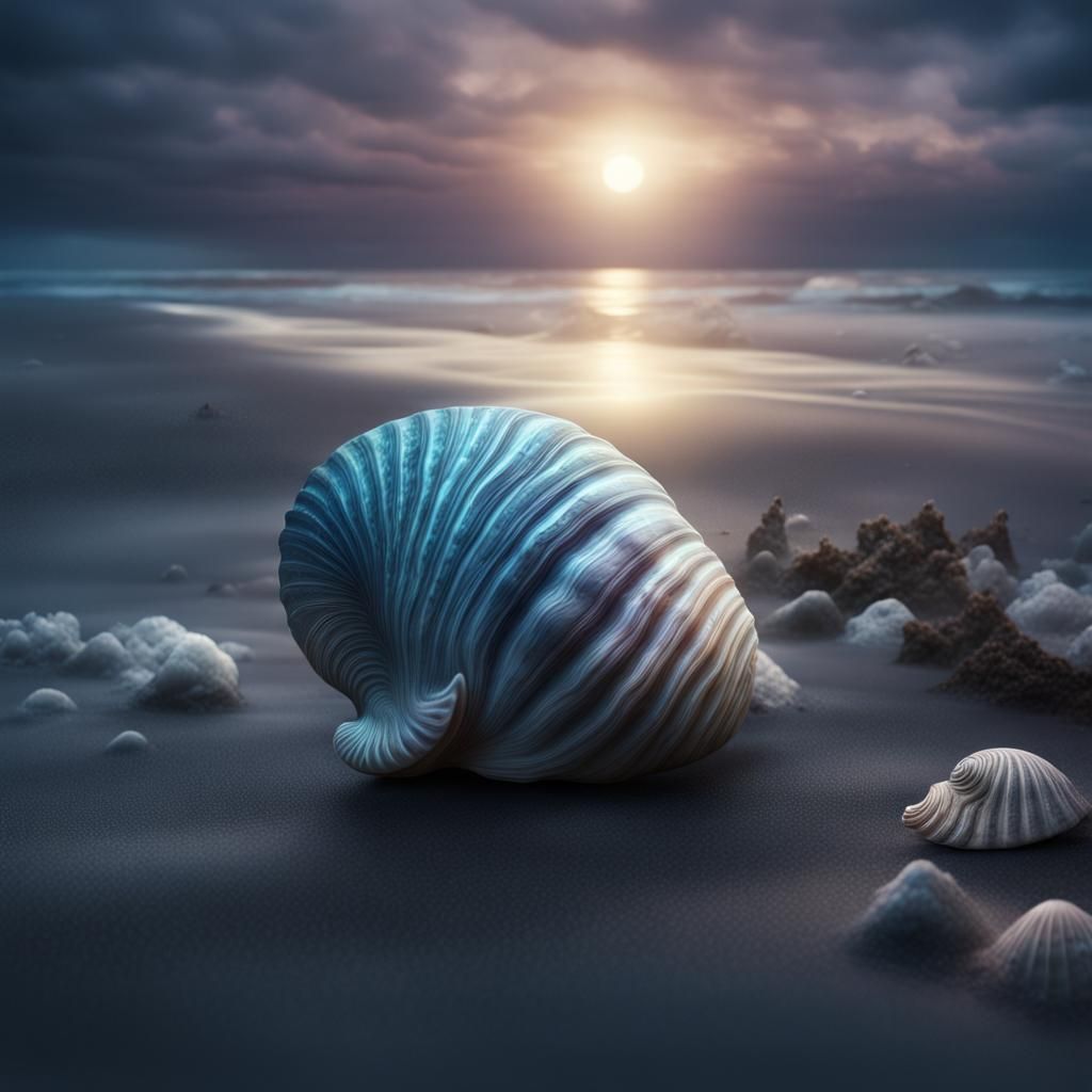 Opalescent Seashell at Night: A Dark Fantasy Render