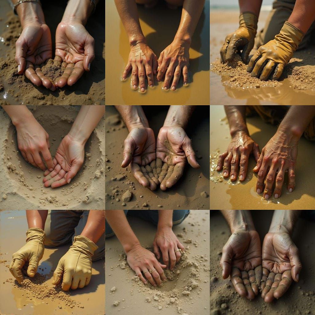 Fingers Digging in Wet Sand from Above