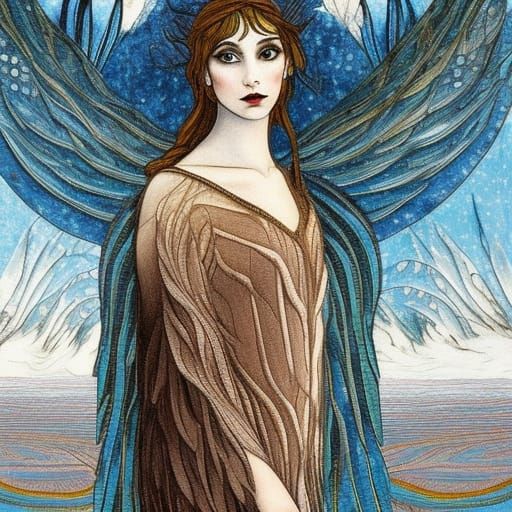 Winged Woman by Frozen River, Mosaic Style