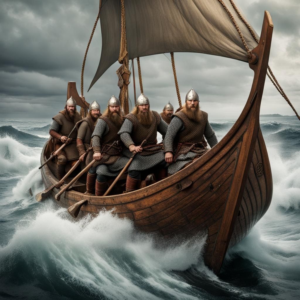 Norsemen on Longship Sailing the Open Sea