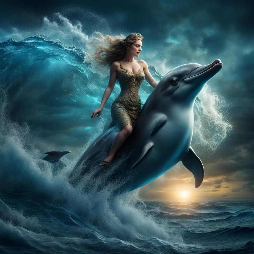 Sea Goddess Riding Dolphin in Glass, Digital Art