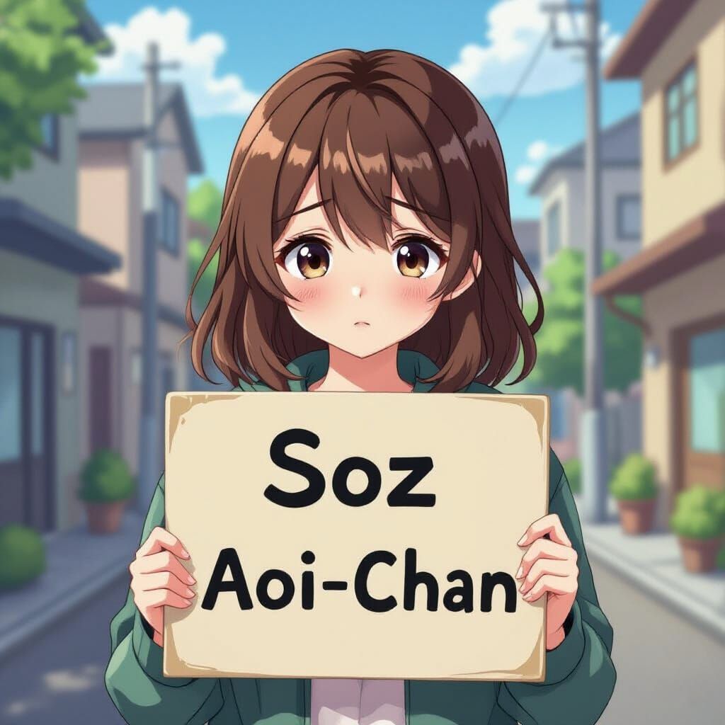 Sad Anime Girl Holding 'Soz Aoi-Chan' Sign