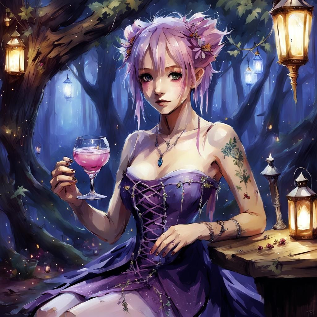 Magical Tavern Scene with Pink-Haired Anime Princess
